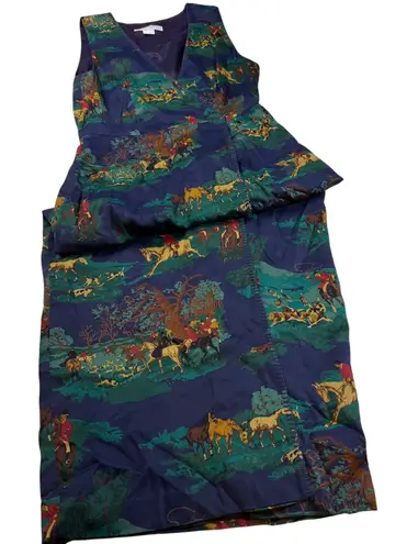 Dennis Goldsmith Vintage Dress Size 8 Horse Equestrian Print Sleeveless Rayon Blue