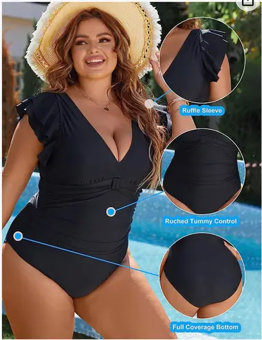 Blooming Jelly Women's Tummy Control Swimsuit One Piece Full Coverage Plus Size Bathing Suit Retro Ruffle Swimwear