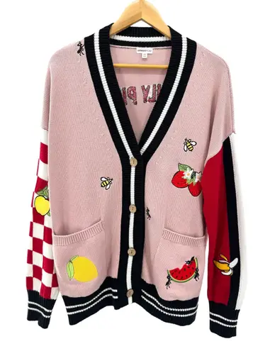 Minnie Rose Freshly Picked Fruit Print Varsity Cardigan O/S Pink Cotton Cashmere