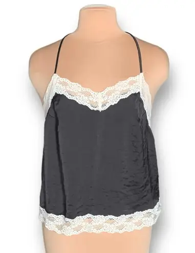 FT Black Satin Camisole Ivory Lace Trim Adjustable Spaghetti Strap Large Top