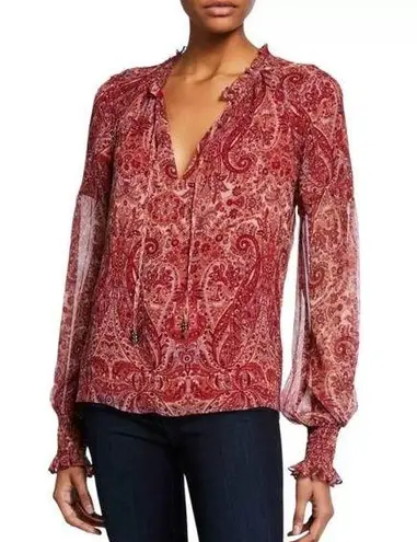 Ramy Brook Luanne Paisley Print Long Sleeve Silk Blouse Cherry Red Women's XS