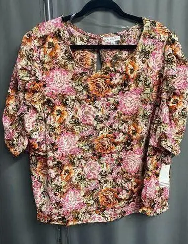Ophelia Roe . Blouse Top Women 2X Multicolor Floral Long Ruched Sleeve Preppy B67