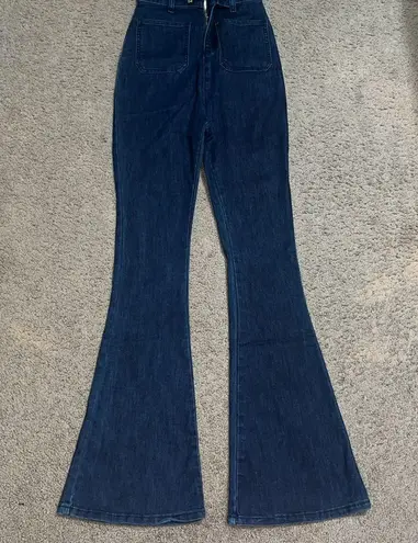 We Wore What Dark Wash Flare Denim Jumpsuit 70’s Boho Zip Up Collared XS