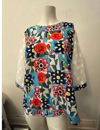Boutique floral red blue yellow burst 70s theme pattern short sleeve tunic M Size M