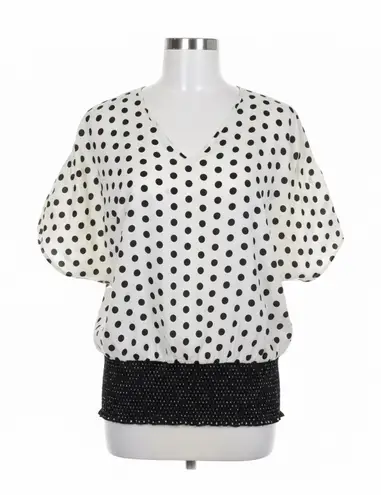 Retro Betty Blouse Polka Dot V Neck Dolman Sleeve Smocked Waist Pinup Rockabilly White Size M