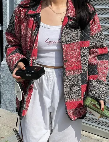 Alfred Dunner Vintage UNISEX oversize red white black patchwork bandana print shirt jacket.