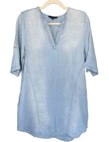 Velvet Heart T6 Chambray Tunic Dress Light Wash Roll Tab Sleeve Pockets Size S