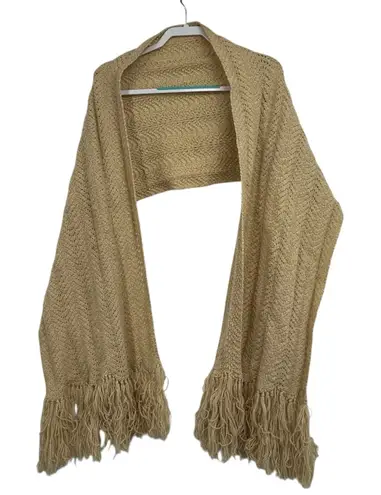 Vintage Hand Knit Metallic Gold Fringe Shawl Wrap 1960s Boho Evening Scarf