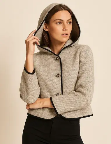 Ba&sh Paris Women Wool Blend Hooded Lady Jacket L Gray Black Trim Made in France