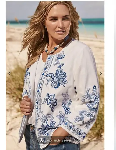 J.Jill Lightweight Embroidered Open Front Jacket 3/4 Sleeve Women’s Size Medium Blue