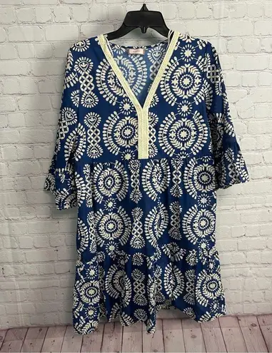 Saiph Cotton Bell Sleeve Santorini tiered Mini Dress crochet detail preppy MED Blue