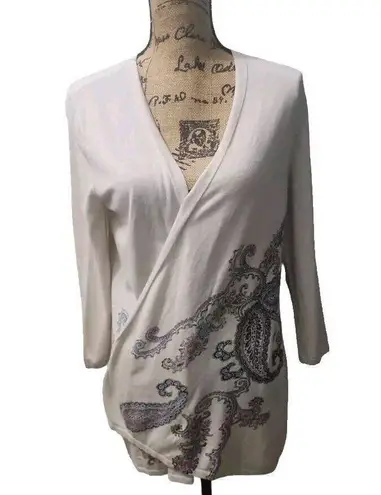 J.Jill Women's Size M Open Cardigan Sweater Beige Plunge Neck Paisley Tan Size M