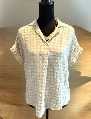 Thread and Supply  Womens Seersucker Top small Tan White Gingham Collared Popover