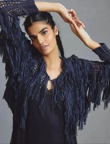 Maeve Anthropologie, New,  Cropped Fringe Kimono Sweater Midnight Blue, One Size