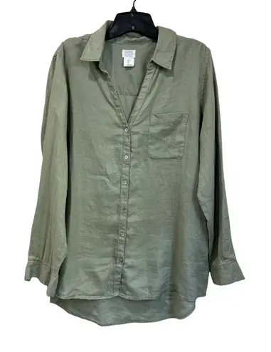 Sigrid Olsen 100% Linen Shirt Size L Green Button Up Coastal Grandma Chic