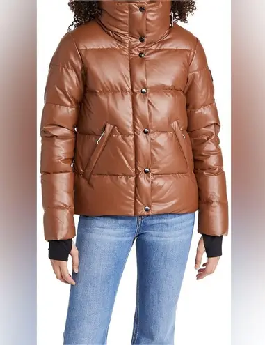 SAM. Isabel Vegan Down Puffer Jacket Faux Leather Stowaway Hood Saddle Brown S