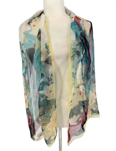 Silk Blend Scarf Asian Geisha Floral Print 66 x 19 Rectangle Art Wall Decor Blue