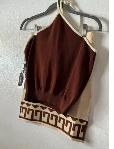 NWT Callahan Knitwear Womens Cream Brown Halterneck Crop Top Skirt Set Size S