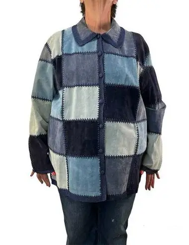Denim & Co Vintage Blue Suede Patchwork Crochet Jacket by Geometric Pattern