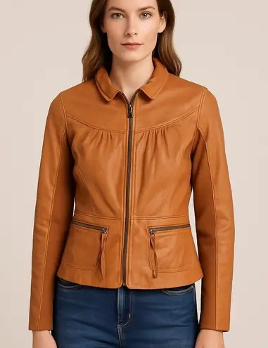 Hinge 100% Leather Jacket Womens Small Tan Brown Zip Up Ruched Collar Peplum