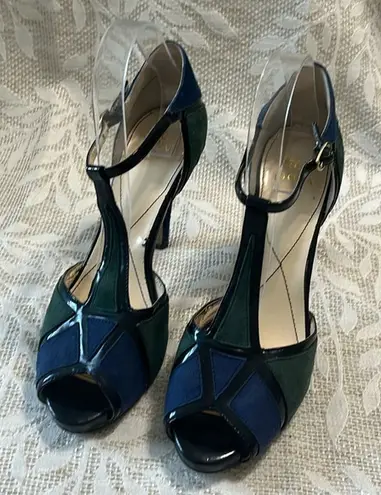 Isola Blue Green Color Block Suede Black Patent Leather T Strap Stiletto Heel 10