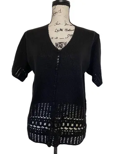 Christina VTG Knit Crochet Short Sleeve Sweater Black Cardigan 