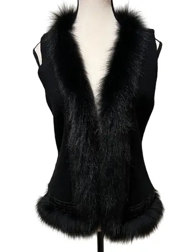 MAG by Magaschoni Black Fox Fur Trimmed Wool Sweater Vest Embroidered Size XS