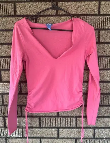 Lilu Vintage Y2K Long Sleeve V Neck Shirt 100% Cotton Size XS Pink