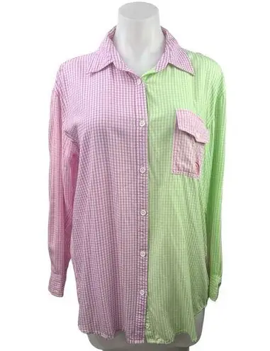 Terez Multi Colorblock Gingham Collared Long Sleeve Button Up Shirt Top Size S