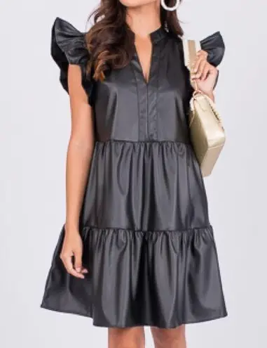 SSYS The Label Leather Flutter Tier Dress Black Leather Medium