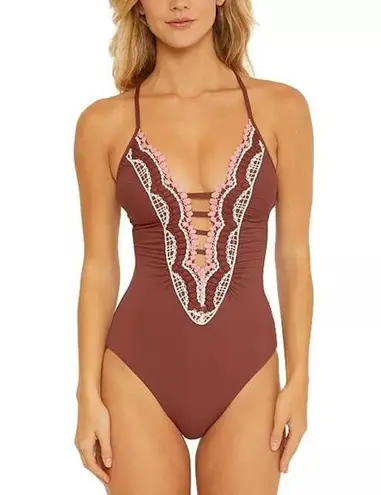 BECCA by Rebecca virtue Becca Delilah Brown Plunge Neck Crochet One Piece Swimsuit Size Small