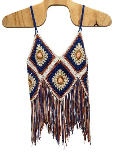 Rebellion Crochet Fringe Tank Top Bohemian Festival Blue Orange Size M FL Gators Auburn