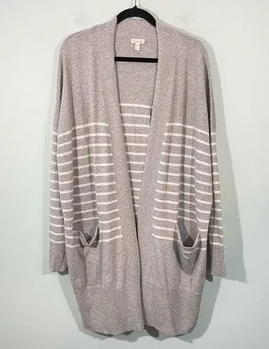 Garnet Hill  Grey & White Striped Open Front Oversized Wool Long Cardigan Size L