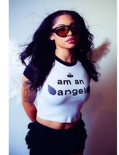 Los Angeles Apparel Black White Am An Angel Crop Baby Tee T Shirt Top Size S