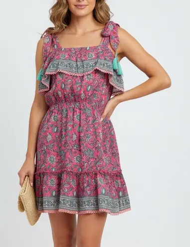 ALICIA BELL Floral Print Tassel Tie Shoulder Dress XL Red Blue Silk Cotton