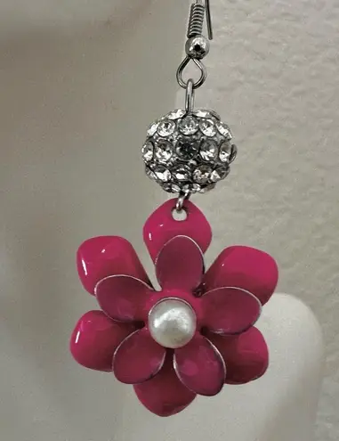Fuchsia Enamel Flower Dangle Earrings Pink