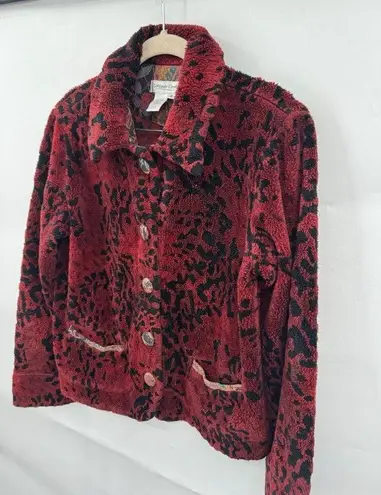 Coldwater Creek VTG Coldwater Cream Fleece Jacket Women Small Red Tapestry Granny Grandmacore