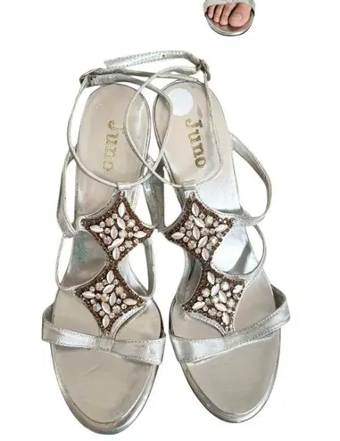 Y2K VTG. CRYSTAL RHINESTONE STRAPPY HEELS SANDALS SIZE 8 Silver