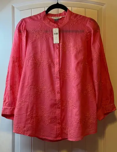 Anthropologie NWT Pilcro Embroidered Button Down Blouse Coral Petite LP Career # Pink Size undefined