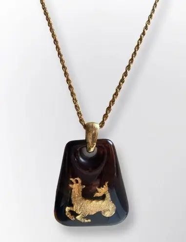 HELENA RUBINSTEIN Capricorn “The Goat” Lucite Zodiac Necklace Red