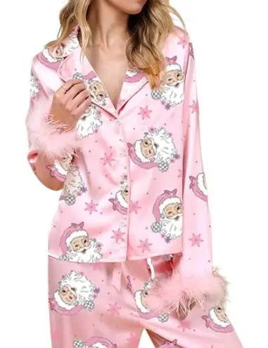 Holiday Christmas Santa Print Satin Pajama Set Small Pink Feathered Hem Lounge