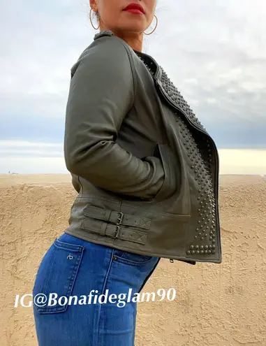 Nour Hammour Erin army green studded leather Biker jacket size FR 36 US 2 4 XS S