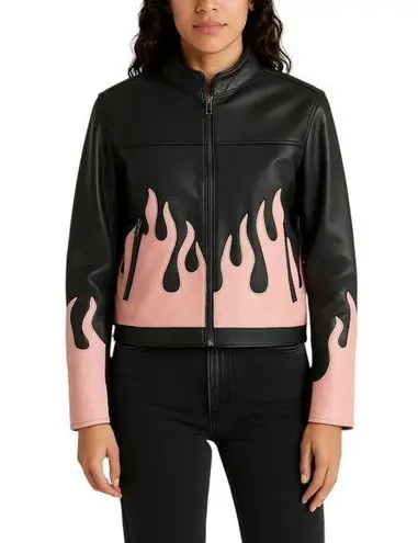 VTG Diamond Plate Womens Large Faux Leather Jacket Black Pink Flame Moto Biker D