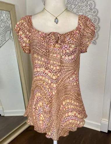 Early 2000s Orange Pink Floral Flower Babydoll Milkmaid Cottagecore Blouse Top L Size L