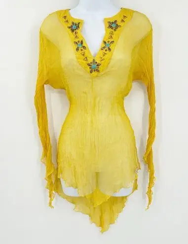 Baby Phat Womens Y2K Vintage 100% Silk Beaded Sheer Tunic Top Cover Up XL Yellow