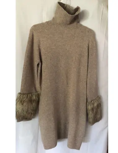 Boston Proper Tan Knit Pullover Turtleneck Dress with faux fur sleeve ends Sz L