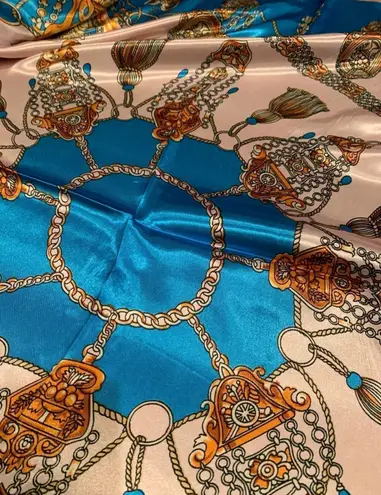 Tassel Rope Pattern silk Scarf baby pink /turquoise SQUARE SILKY SCARF 35/35 Blue