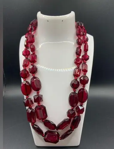 Cranberry red beaded 2 strand statement necklace 17”