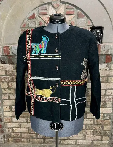 Jacket embroidered cat funky glass buttons Black Size L