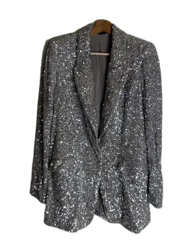 EXPRESS  Blazer Womens Medium Silver Sequin Sparkle Jacket Party Evening Metallic - Image 1